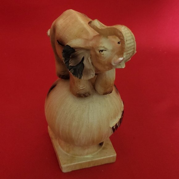 VTG Wooden Welcome Elephant  Raised Trunk Standing on a Ball Figurine Home Decor - Picture 6 of 14
